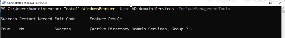 PowerShell output of Install-WindowsFeature -Name AD-Domain-Services -IncludeManagementTools on SRT22-DC02 showing the AD Domain Services role installation completed successfully without requiring a reboot
