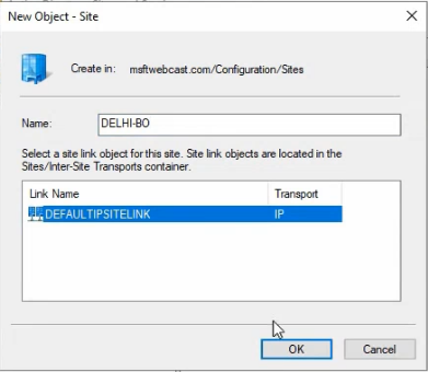 AD Sites and Services snap-in showing the new Delhi-BO location object created under the Sites container alongside the existing Surat-HO and Default-First-Site-Name containers