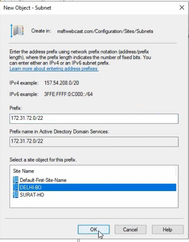 AD Sites and Services snap-in showing the new 172.31.72.0/22 subnet object attached to the Delhi-BO location