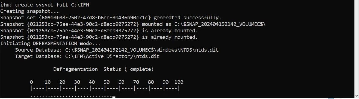 ntdsutil completing the create sysvol full C:\IFM command showing the database snapshot created, registry hive subset exported, and SYSVOL seed copied to C:\IFM\Active Directory, C:\IFM\Registry, and C:\IFM\SYSVOL respectively