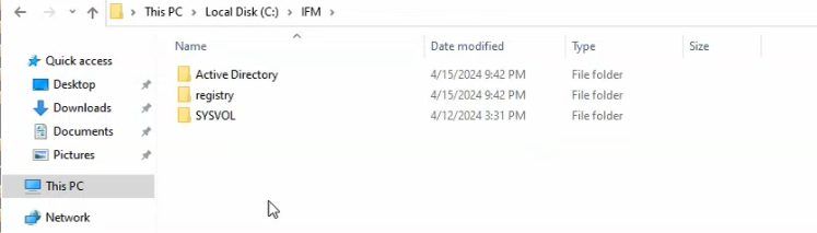 C:\IFM folder open in File Explorer showing the three output sub-folders created by ntdsutil: Active Directory (database snapshot), Registry (hive subset), and SYSVOL (policy + script seed)