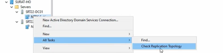 AD Sites and Services snap-in showing SRT22-DC01 NTDS Settings expanded with the Connection objects listed, including the automatically generated connection from SRT22-DC02 used for intra-location replication