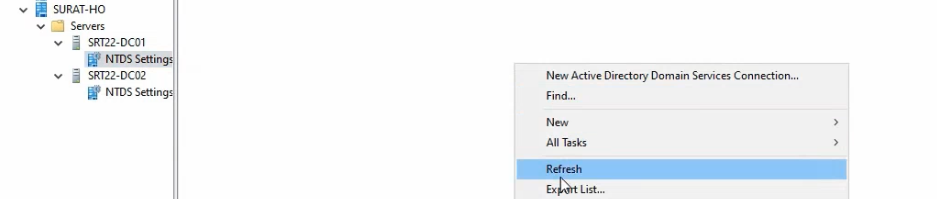 Right-click context menu on the NTDS Settings node showing the All Tasks submenu with Check Replication Topology highlighted