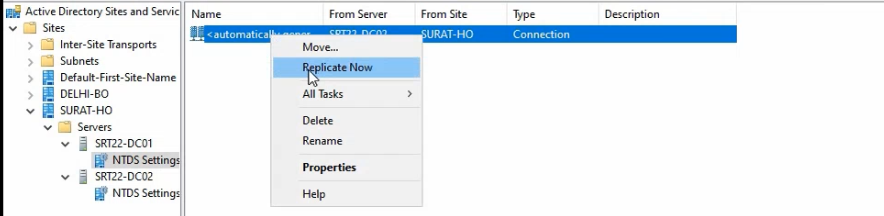 AD DS Topology check confirmation dialog reporting that the topology check completed successfully on SRT22-DC01