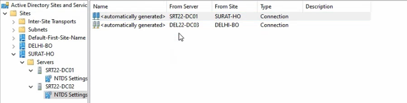 Right-click context menu on the automatically-generated Connection object showing Replicate Now to manually force an immediate pull from the source DC