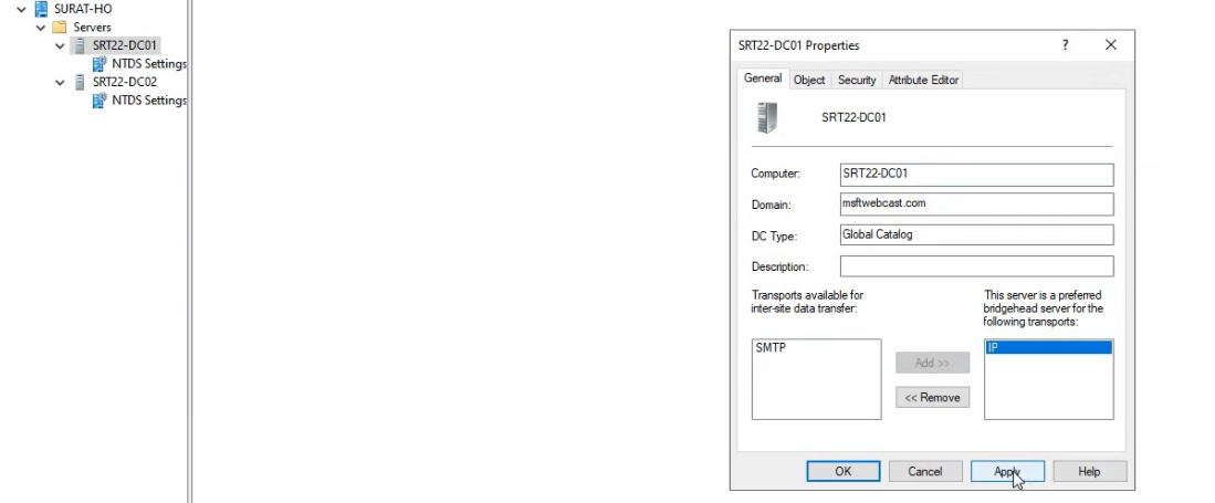 NTDS Settings Properties dialog on SRT22-DC01 showing the Bridgehead server transports list with IP highlighted and the Add button to designate this DC as a preferred bridgehead for IP transport