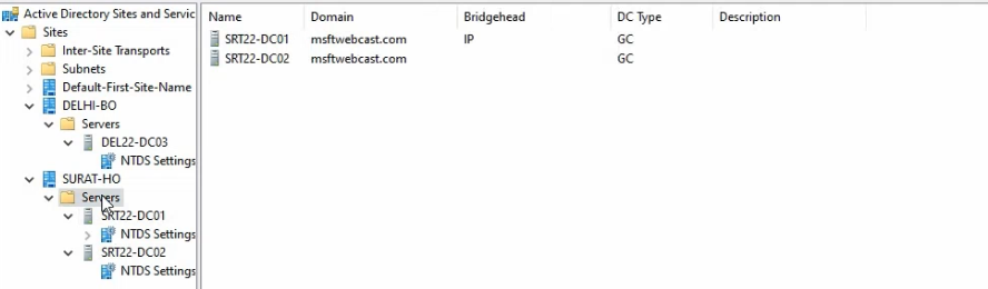 NTDS Settings Properties dialog after IP has been added to the preferred bridgehead transports list, confirming SRT22-DC01 is now an explicit bridgehead server for cross-location replication