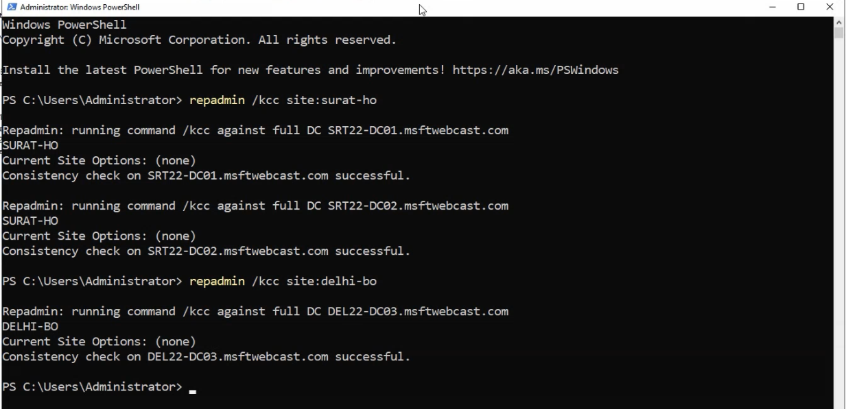 Same Bridgehead server tab open on the DEL22-DC03 NTDS Settings Properties dialog with IP added to the preferred-transport list, designating DEL22-DC03 as the Delhi-BO side bridgehead server
