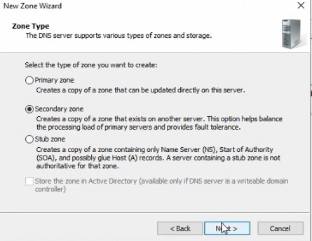 DNS Manager New Zone Wizard on the secondary server showing the Zone Type page with Secondary zone selected and Primary zone unchecked