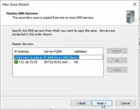 DNS Manager New Zone Wizard Master DNS Servers page showing the primary server IP address 172.18.72.50 entered in the Master Servers list