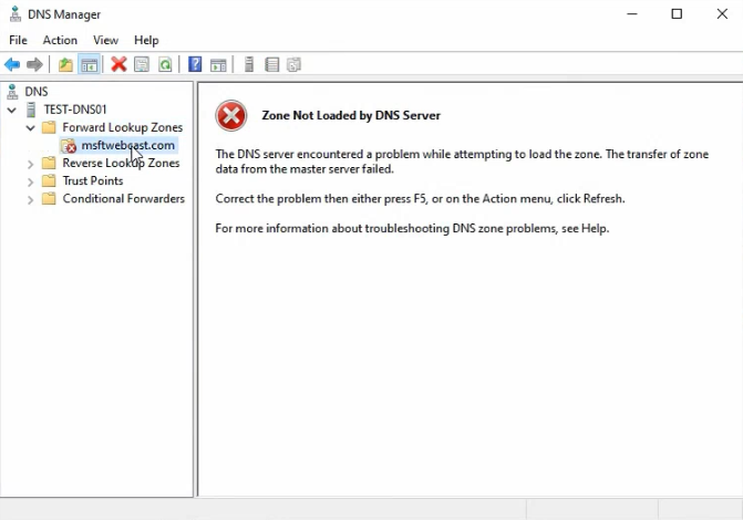 DNS Manager showing the newly-created msfwebcast.com secondary zone in a 