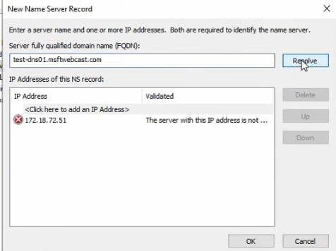 DNS Manager Properties dialog on the primary zone msfwebcast.com Name Servers tab showing the Add button used to register the secondary DNS server in the zone name-server list