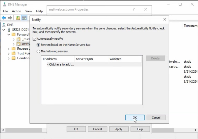 DNS Manager on the secondary server after the primary was configured showing the msfwebcast.com zone successfully loaded with all expected resource records replicated from the primary