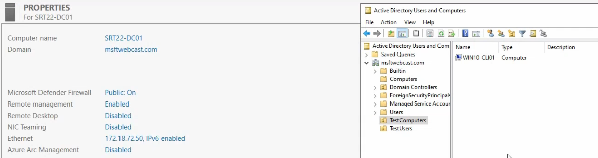 Active Directory Users and Computers showing the Test Computers OU created in the msfwebcast.com domain with a Windows 10 client computer account placed inside it for the GPO scope target
