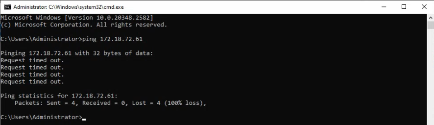 Command Prompt on SR22-DC01 running ping 172.18.72.61 against the Windows 10 client and showing Request timed out for all four ping attempts because the client default firewall blocks ICMP echo requests