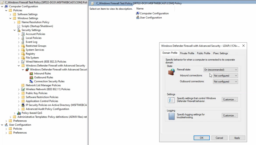 Group Policy Management Editor expanded to Computer Configuration Policies Windows Settings Security Settings Windows Defender Firewall with Advanced Security with the Domain Profile properties tab visible showing Firewall state set to On with the Customize button for Logging settings