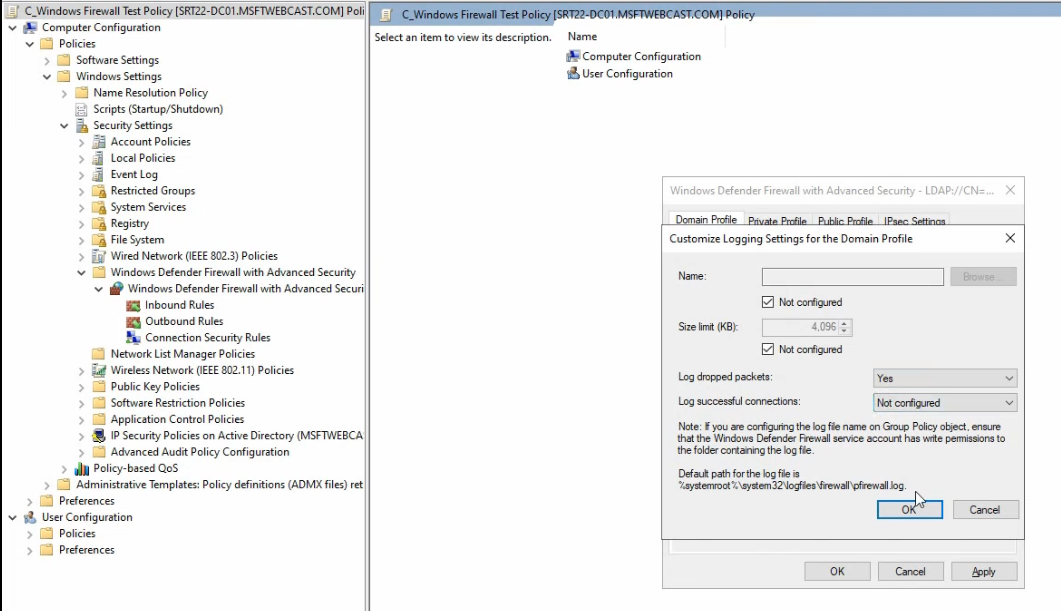 Logging Customize dialog with Log dropped packets set to Yes and the default log path C colon backslash Windows backslash System32 backslash LogFiles backslash Firewall backslash pfirewall.log shown
