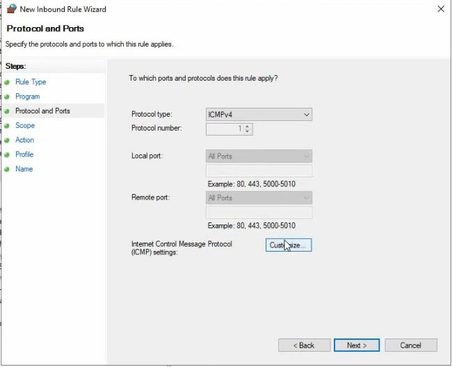 New Inbound Rule Wizard Protocol and Ports page with ICMPv4 selected from the protocol type dropdown and the Customize button used to specify Echo Request as the allowed ICMP type