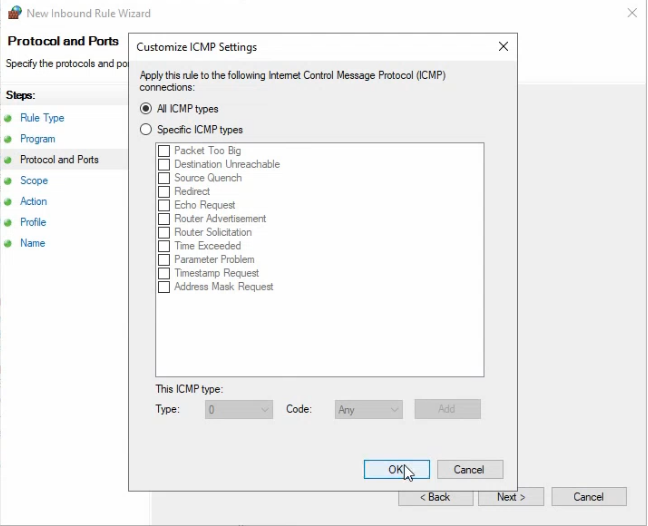 New Inbound Rule Wizard Customize ICMP Settings dialog with Specific ICMP types selected and Echo Request checked