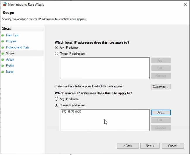 New Inbound Rule Wizard Scope page Remote IP address section with These IP addresses selected and 172.18.72.0/24 entered as the local subnet that the inbound ICMP rule will accept pings from
