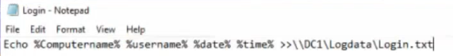 C:\Log Data folder created on the domain controller DC1 with empty contents shown in File Explorer ready to receive the login.bat and logoff.bat batch script files