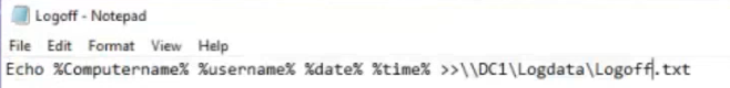 login.bat batch script open in Notepad showing the echo command that writes COMPUTERNAME, USERNAME, DATE, and TIME environment variables redirected to the login.txt file on the DC UNC share