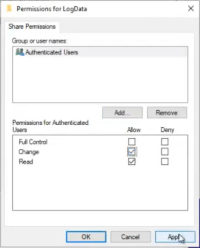 C:\Log Data folder Sharing tab in the Properties dialog with Authenticated Users granted Change permission so any domain-joined client can append to the log files