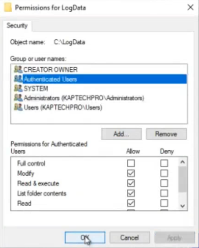 C:\Log Data folder Security tab in the Properties dialog with Authenticated Users granted Modify NTFS permission to align with the share-level Change permission