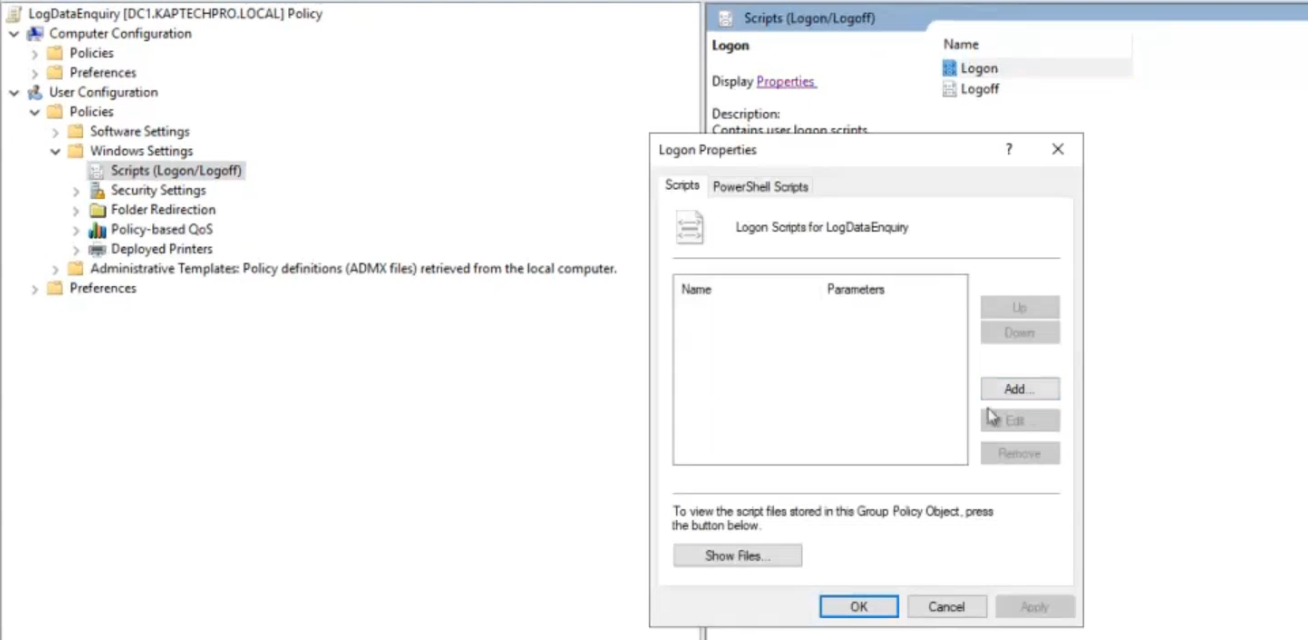 Group Policy Management Console showing the new Log Tracking GPO created at the domain root linked to the techpro.local domain