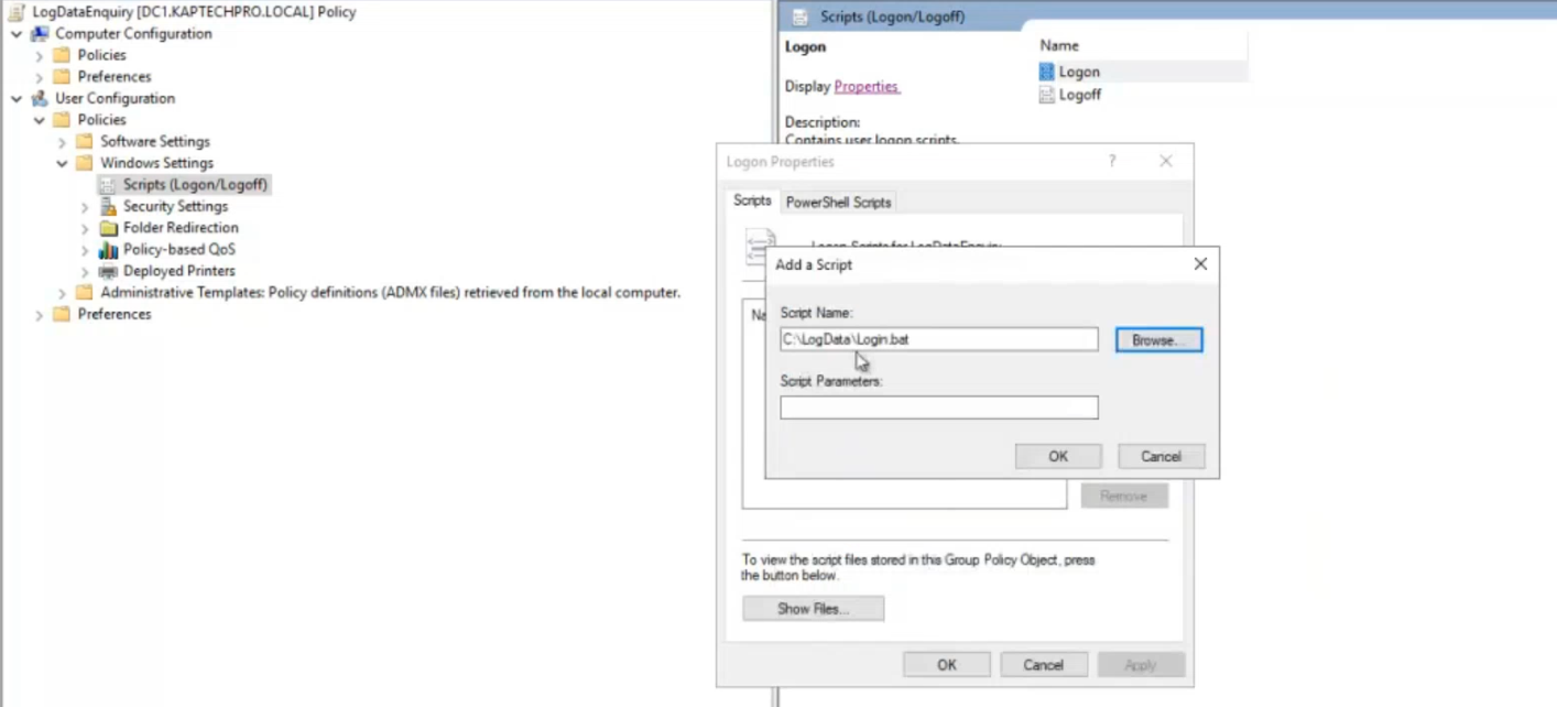 Group Policy Management Editor with the User Configuration Policies Windows Settings Scripts node selected showing the Logon and Logoff script policy entries