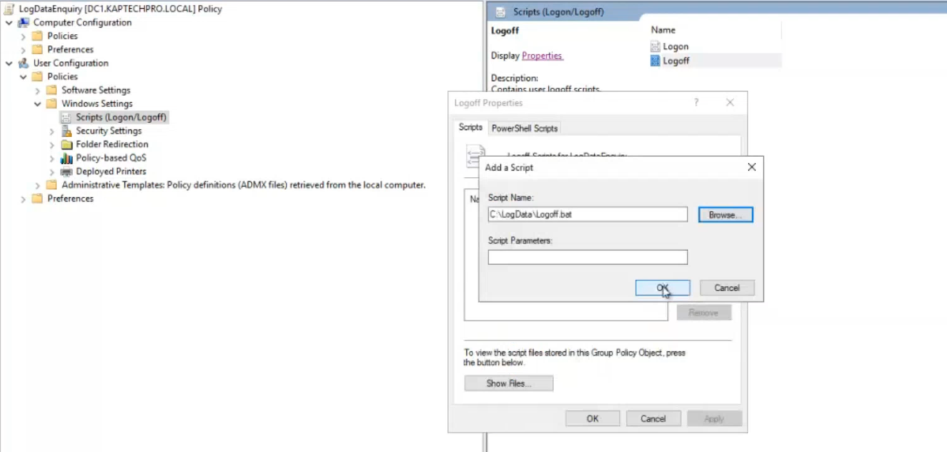 Logon Properties dialog with the Add Script dialog open and the UNC path to login.bat entered for execution at user logon