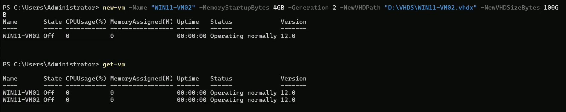 Elevated PowerShell window on the Hyper-V host running New-VM with Win11-VM02 as the name, 4GB starting memory, Generation 2, NewVHDPath D colon backslash VHDs backslash Win11-VM02.vhdx, and NewVHDSizeBytes 100GB; followed by Get-VM showing the new VM listed in Off state
