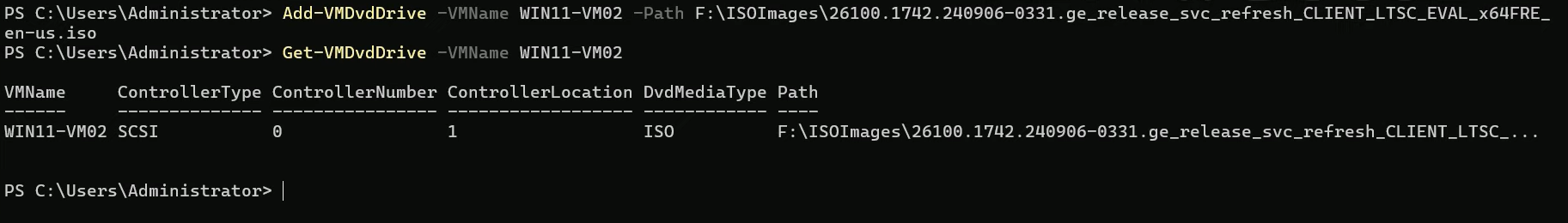 PowerShell output of Add-VMDvdDrive attaching the Windows 11 ISO at F colon backslash ISO Image backslash Windows11.iso to Win11-VM02 and Get-VMDvdDrive listing the new DVD drive entry pointing at the ISO path