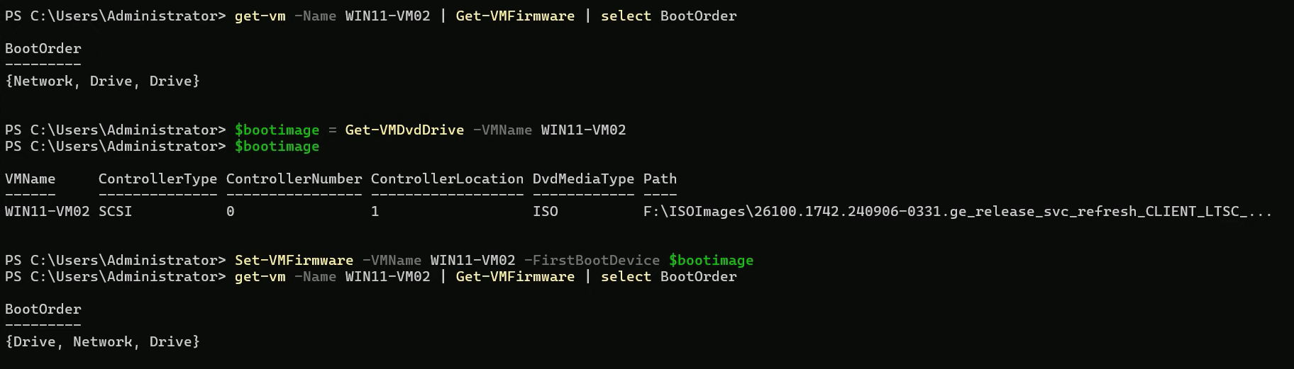 PowerShell output of Get-VMFirmware showing the original BootOrder list with HardDiskDrive at the top and the new DVD drive in second place, then Set-VMFirmware -FirstBootDevice using the captured DVD drive variable, then a confirmation Get-VMFirmware showing DVD drive now first in BootOrder