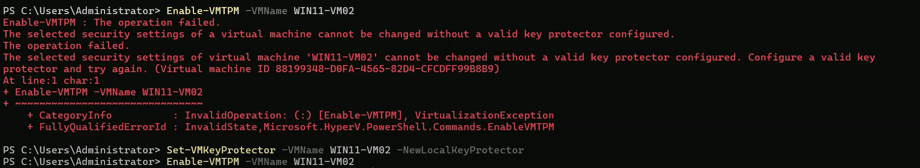 PowerShell window with Enable-VMTPM -VMName Win11-VM02 executed successfully (no output on success) and a follow-up command showing the VM security configuration confirming TPM is now enabled