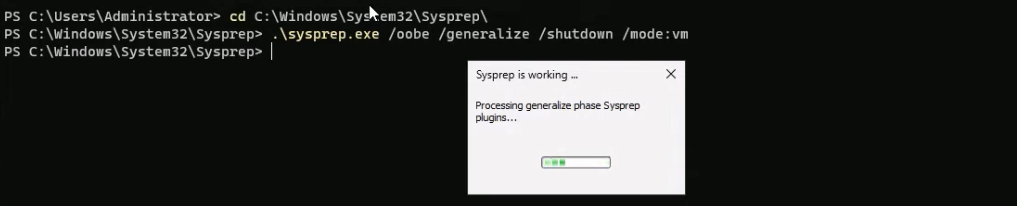 Elevated PowerShell session inside WS2K25 running cd into the Sysprep directory and then sysprep.exe with the /oobe /generalize /shutdown /mode:vm switches; the System Preparation Tool dialog reports Sysprep is working and the VM proceeds to power off
