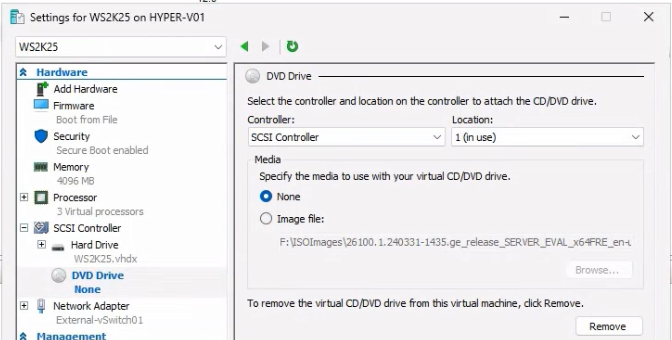 Hyper-V Manager Settings dialog after Sysprep with the DVD Drive entry under SCSI Controller selected and Media changed from the previously-attached ISO to None to prevent the cloned VMs from inadvertently booting back into the install media