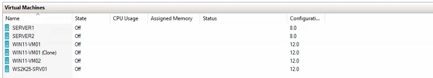 Hyper-V Manager on the Windows Server 2025 host showing the imported Server1 VM in the VM list with its configuration version listed as 8.0 and a powered-off state ready for the schema bump