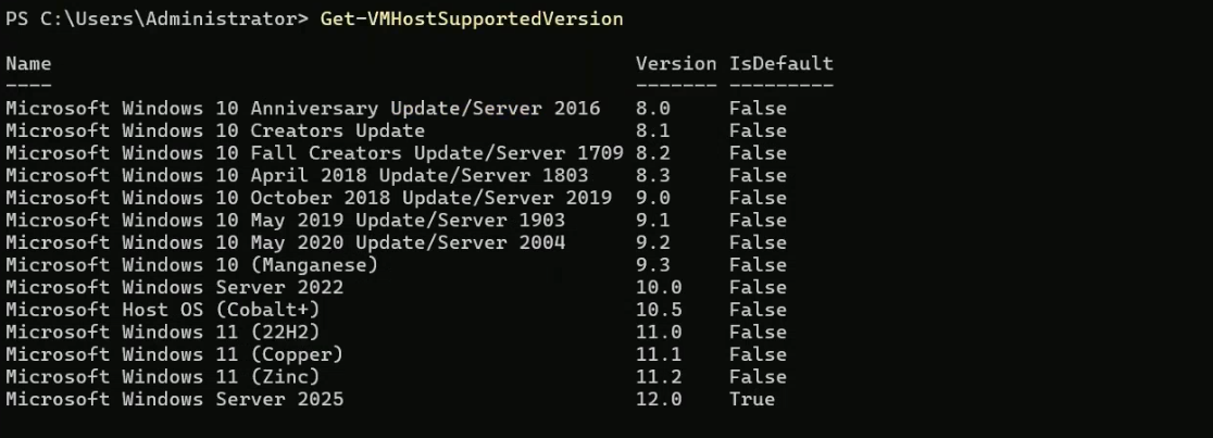 Elevated PowerShell output of Get-VMHostSupportedVersion on Windows Server 2025 listing all the configuration versions the host supports including 5.0, 6.2, 7.0, 7.1, 8.0, 8.1, 8.2, 8.3, 9.0, 9.1, 9.2, 9.3, 10.0, 11.0, and 12.0
