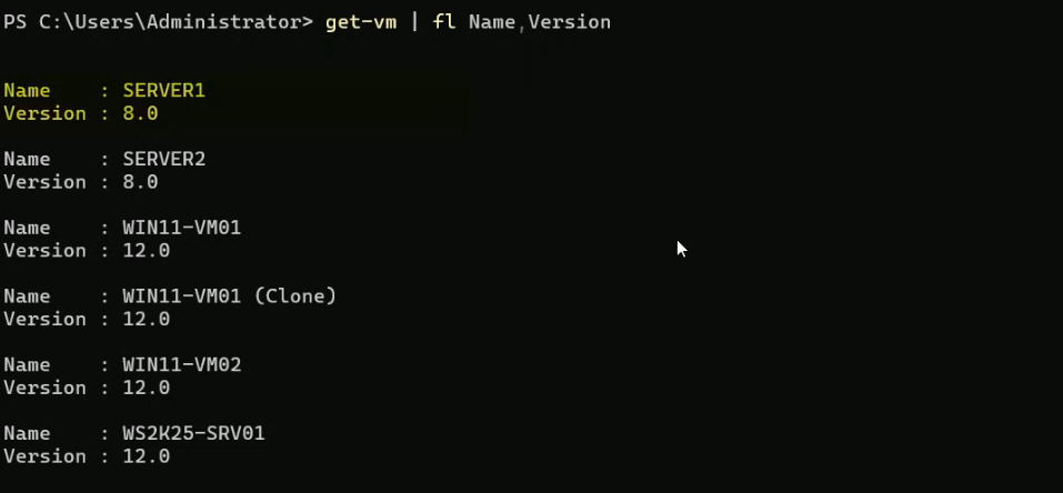 PowerShell output of Get-VM piped to Format-List Name and Version showing the imported Server1 VM at version 8.0 alongside other VMs at the host default version