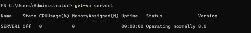 PowerShell output of Get-VM Server1 confirming the VM state column reads Off and the VM is therefore eligible for the configuration upgrade