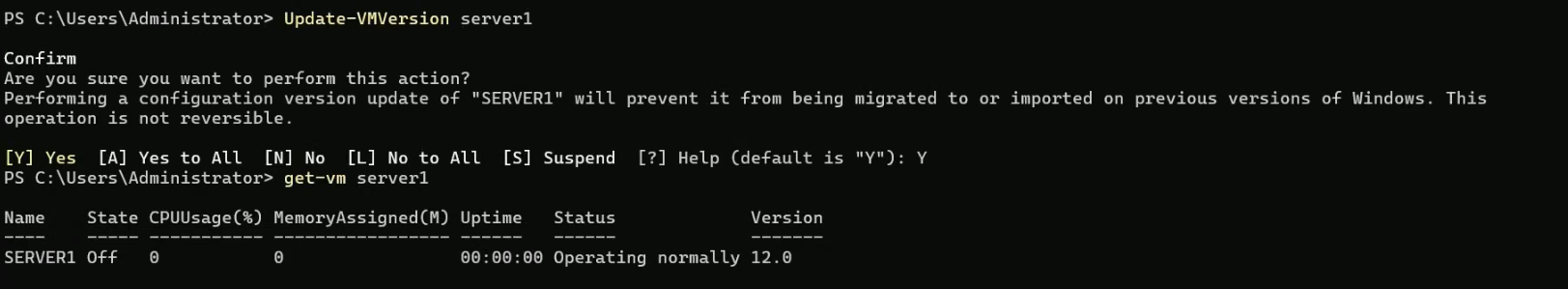 PowerShell output of Get-VM Server1 after the schema bump showing the Version column has changed from 8.0 to 12.0 confirming the upgrade landed cleanly