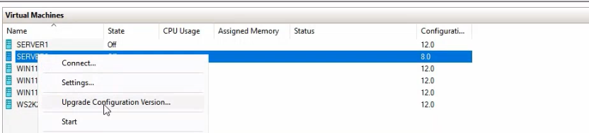 Hyper-V Manager VM list showing Server2 selected with the right-click context menu open and the Upgrade Configuration Version entry highlighted as the GUI alternative to Update-VMVersion