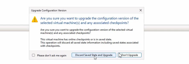 Upgrade Configuration Version warning dialog telling the user that upgrading is irreversible and that the VM cannot run on older Hyper-V hosts after the change with options to proceed or cancel