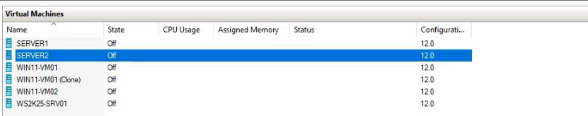 Hyper-V Manager Settings dialog on Server2 showing the version field now reads 12.0 confirming the GUI upgrade succeeded
