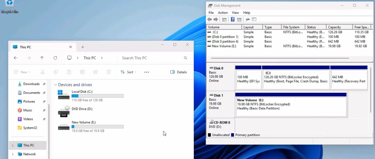 Hyper-V Manager VM list showing the Win11-VM01 VM running with a 20 GB fixed-size VHDX named Disk1 attached, used as the source for the fixed-to-dynamic conversion in Step 4