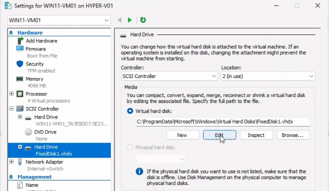 Hyper-V Manager Settings dialog open on Win11-VM01 with the SCSI Controller Hard Drive selected and the path to D colon backslash VHDs backslash Disk1.vhdx visible plus the Edit button to launch the Edit Virtual Hard Disk Wizard