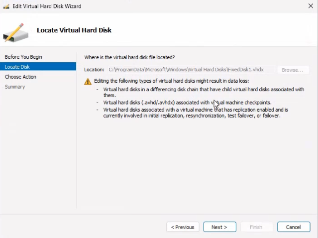 Edit Virtual Hard Disk Wizard warning page listing the conditions that make conversion unsafe such as differencing-disk parents, attached checkpoints, and active replica failover