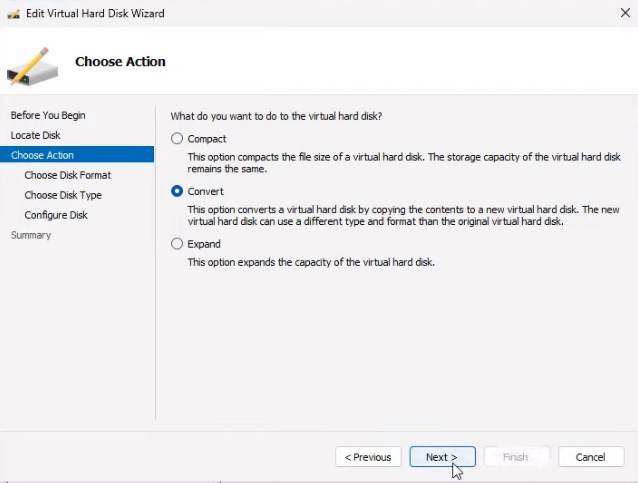 Edit Virtual Hard Disk Wizard Choose Action page with three radio options Compact, Convert, and Expand and Convert highlighted as the right pick for type changes