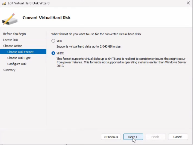 Edit Virtual Hard Disk Wizard Choose Disk Format page with VHDX selected as the modern format that supports up to 64 TB and avoiding the legacy VHD format limited to 2 TB